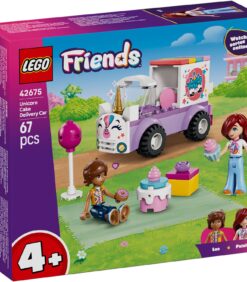 LEGO Friends -sarjan Yksisarvisen kakkujen toimitusauto -sarja, johon kuuluu violetti ajoneuvo, jonka konepellissä on yksisarvinen, kaksi minihahmoa sekä kakkuaiheisia lisävarusteita.