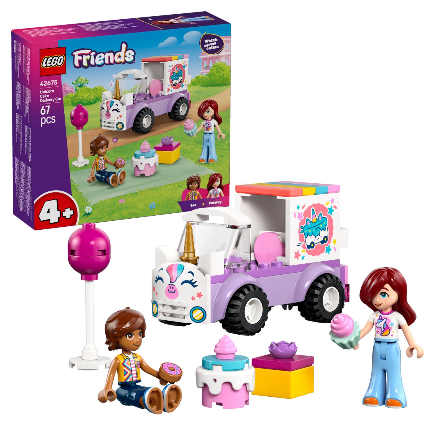LEGO Friends -sarjan Yksisarvisen kakkujen jakeluauto -rakennussarja, jossa on jakeluauto, kaksi minihahmoa ja kakkuaiheisia lisävarusteita.