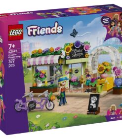 LEGO Friends Creative Flower Shop -rakennussarjan pakkaus, jossa on lelukauppa, kaksi minihahmoa, polkupyörä ja kukka-aiheisia lisävarusteita.