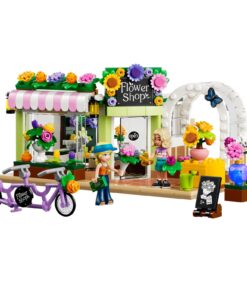 LEGO Friends -kukkakauppasarja, jossa on kaksi minihahmoa, tandempyörä ja kukkien esittelyalue.