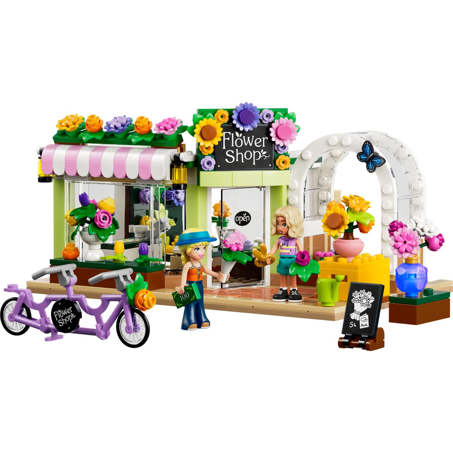 LEGO Friends -kukkakauppasarja, jossa on kaksi minihahmoa, tandempyörä ja kukkien esittelyalue.