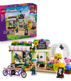 LEGO Friends Creative Flower Shop -rakennussarja, jossa on kaksi minihahmoa, kaksipaikkainen polkupyörä ja kukkakaupan tarvikkeita.
