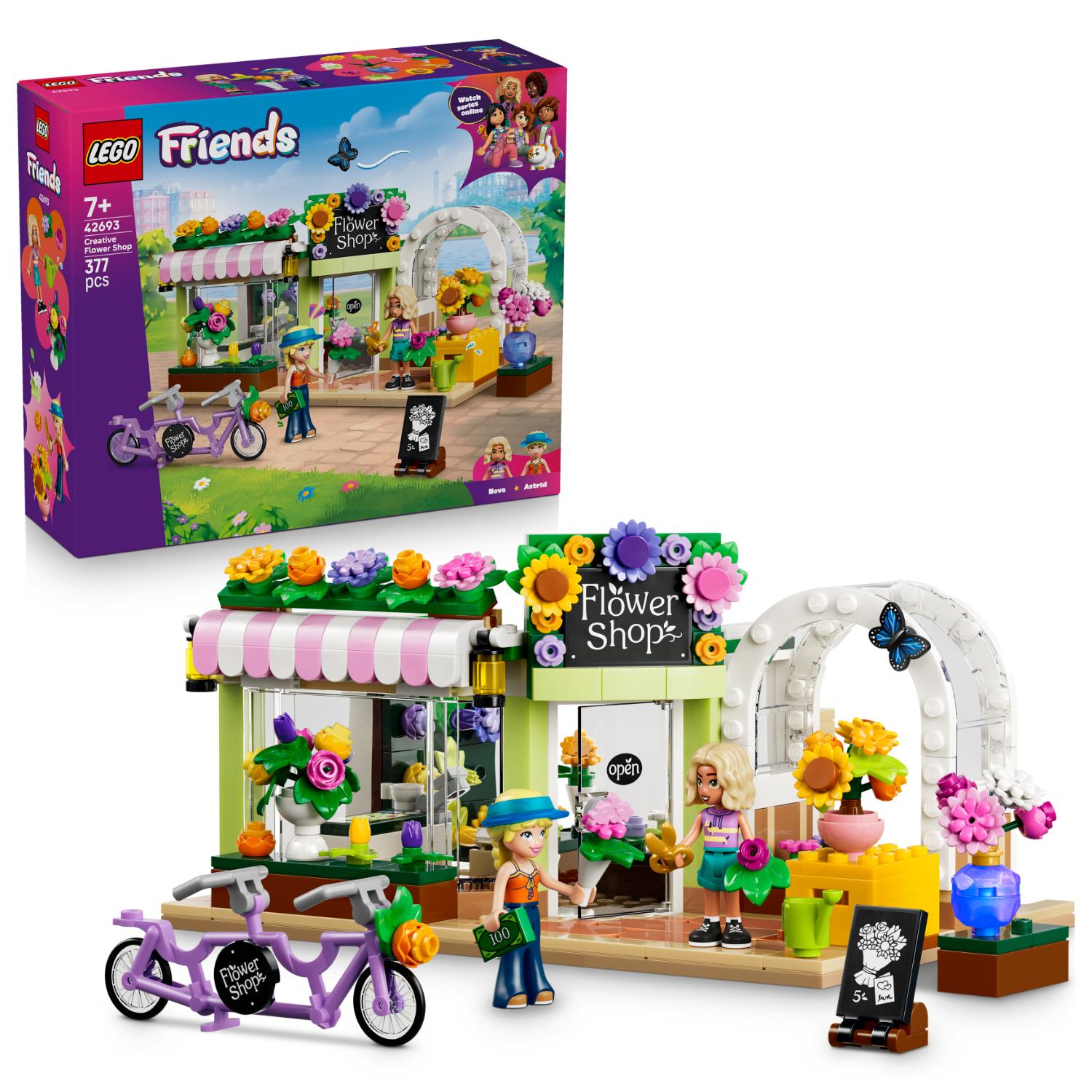 LEGO Friends Creative Flower Shop -rakennussarja, jossa on kaksi minihahmoa, kaksipaikkainen polkupyörä ja kukkakaupan tarvikkeita.