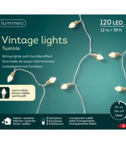 Lumineo-merkkinen vintage-valosarja, jossa on välkkyvä vaikutus; sisältää 120 lämminvalkoista LED-valoa läpinäkyvällä johdolla, sopii sisä- ja ulkokäyttöön, pituus 12 metriä, varustettu 8 tunnin päällä- ja 16 tunnin pois-ajastimella sekä 8 toiminnolla.