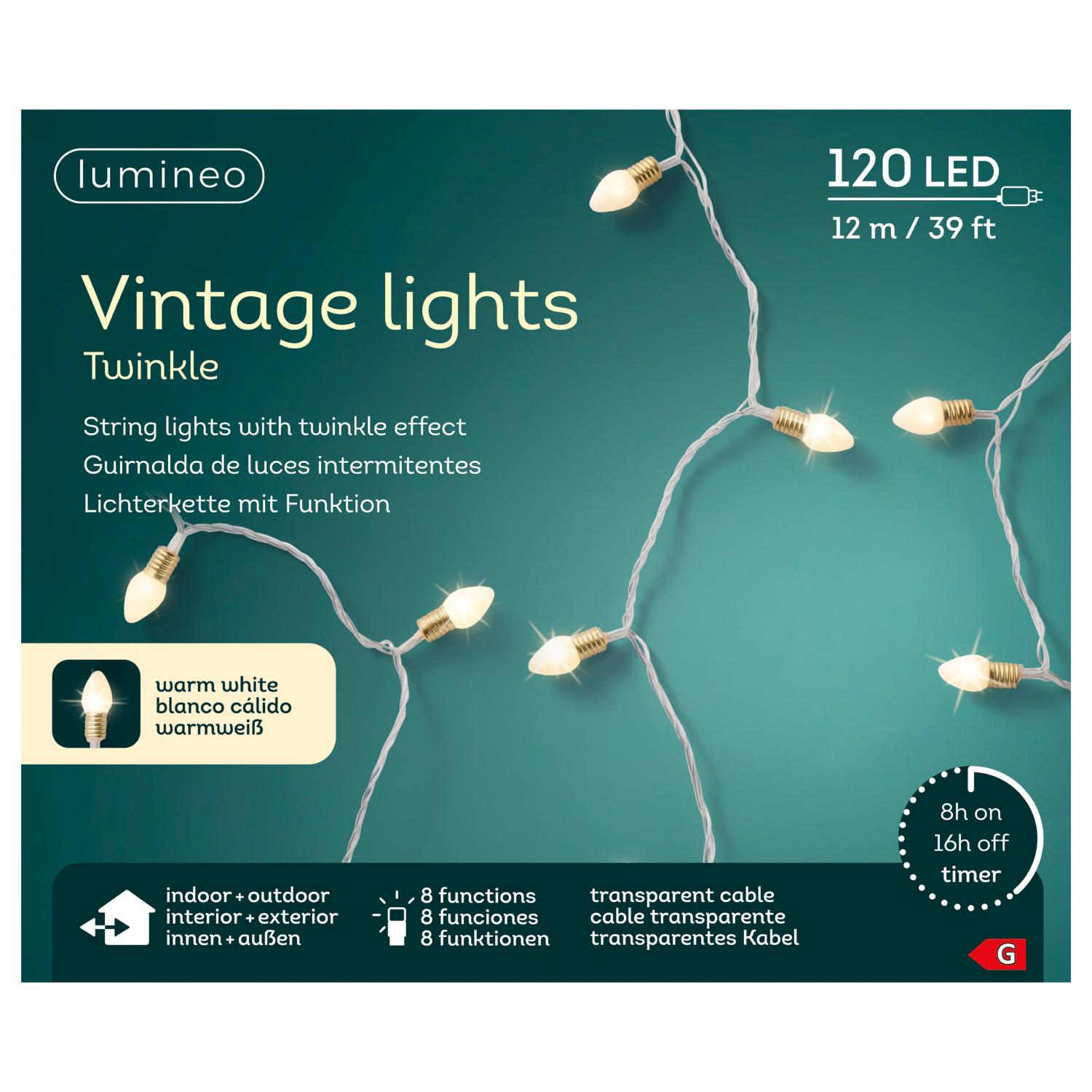 Lumineo-merkkinen vintage-valosarja, jossa on välkkyvä vaikutus; sisältää 120 lämminvalkoista LED-valoa läpinäkyvällä johdolla, sopii sisä- ja ulkokäyttöön, pituus 12 metriä, varustettu 8 tunnin päällä- ja 16 tunnin pois-ajastimella sekä 8 toiminnolla.