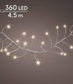 4,5 metriä pitkä, 360 lämpimän valkoisen LED-valon sisältävä valosarja, joka loistaa yksiväristä taustaa vasten. Kuvan vasemmassa yläkulmassa näkyvässä tekstissä lukee ”360 LED” ja ”4,5 m”.