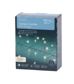 Laatikko, jossa on Lumineo Compact Twinkle -mikrovalosarja, 360 LED-valoa, pituus 4,5 metriä; pakkauksessa on kuva loistavista valoista. Pakkauksessa mainitaan lämminvalkoinen valo sekä käyttö sisä- ja ulkotiloissa.