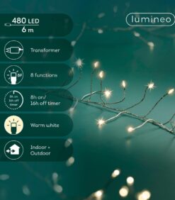 Oksat, joissa on lämpimän valkoiset LED-valosarjat. Tuotetiedot: 480 LED-valoa, 6 m, muuntaja, 8 toimintoa, ajastin (8 tuntia päällä / 16 tuntia pois päältä), lämpimän valkoinen, sopii sisä- ja ulkokäyttöön. Lumineo-logo kulmassa.