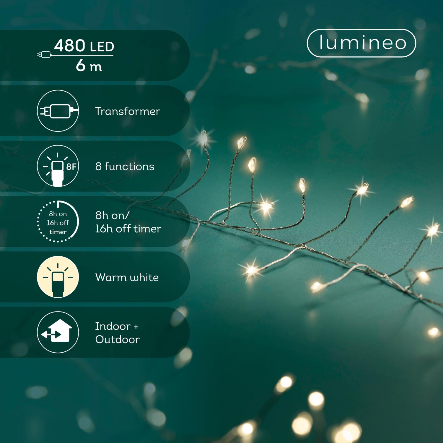 Oksat, joissa on lämpimän valkoiset LED-valosarjat. Tuotetiedot: 480 LED-valoa, 6 m, muuntaja, 8 toimintoa, ajastin (8 tuntia päällä / 16 tuntia pois päältä), lämpimän valkoinen, sopii sisä- ja ulkokäyttöön. Lumineo-logo kulmassa.