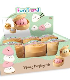 Squishy Dumpling Pals -yllätyslelujen esittelylaatikko, jossa jokaisessa on pieni gyoza-hahmo muovisen bambuhöyrykeittimen sisällä.