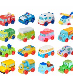 Tiny Teamsterz Auto 1+ -sarja, jossa on kuusitoista pientä, värikästä leluajoneuvoa, mukaan lukien autoja, kuorma-autoja, helikopteri ja juna, joista jokaisessa on yksinkertainen sarjakuvamainen kasvot.