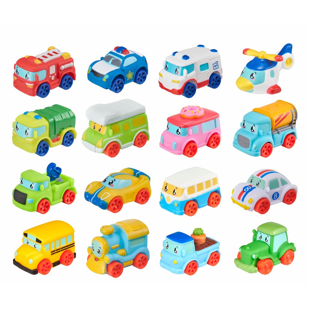 Tiny Teamsterz Auto 1+ -sarja, jossa on kuusitoista pientä, värikästä leluajoneuvoa, mukaan lukien autoja, kuorma-autoja, helikopteri ja juna, joista jokaisessa on yksinkertainen sarjakuvamainen kasvot.