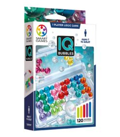 Smart Gamesin IQ Bubbles -logiikkapelin pakkaus, jossa näkyy värikkäitä kuplapaloja valkoisella alustalla. Pakkauksessa mainitaan, että peli on tarkoitettu 7-vuotiaista aikuisille, yhdelle pelaajalle, ja että siinä on 120 tehtävää.