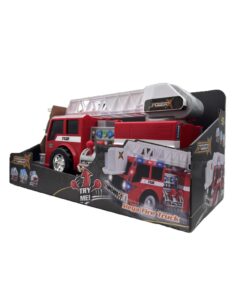 Lelupaloauto, jonka tuotepakkauksessa on ulosvedettävä tikkaat ja jonka nimeksi on merkitty Mega Fire Truck.