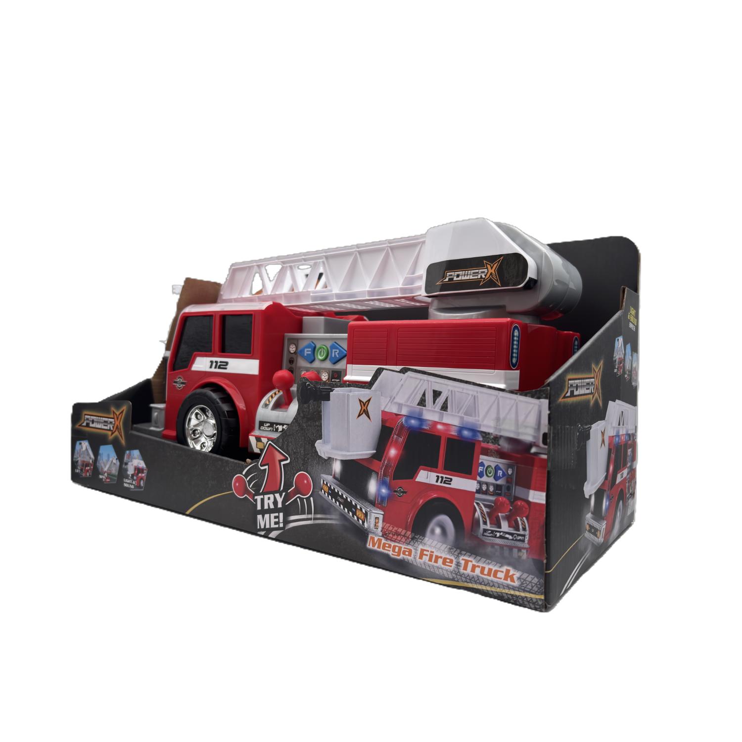 Lelupaloauto, jonka tuotepakkauksessa on ulosvedettävä tikkaat ja jonka nimeksi on merkitty Mega Fire Truck.
