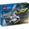 LEGO City -rakennussarjan Poliisiauto ja muskeliauton takaa-ajo pakkaus, jossa näkyy sininen poliisiauto jahtaamassa vihreää muskeliautoa.