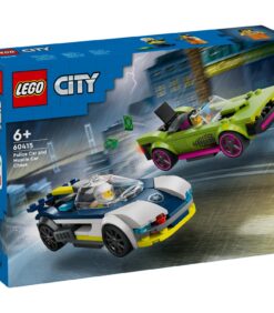 LEGO City -rakennussarjan Poliisiauto ja muskeliauton takaa-ajo pakkaus, jossa näkyy sininen poliisiauto jahtaamassa vihreää muskeliautoa.