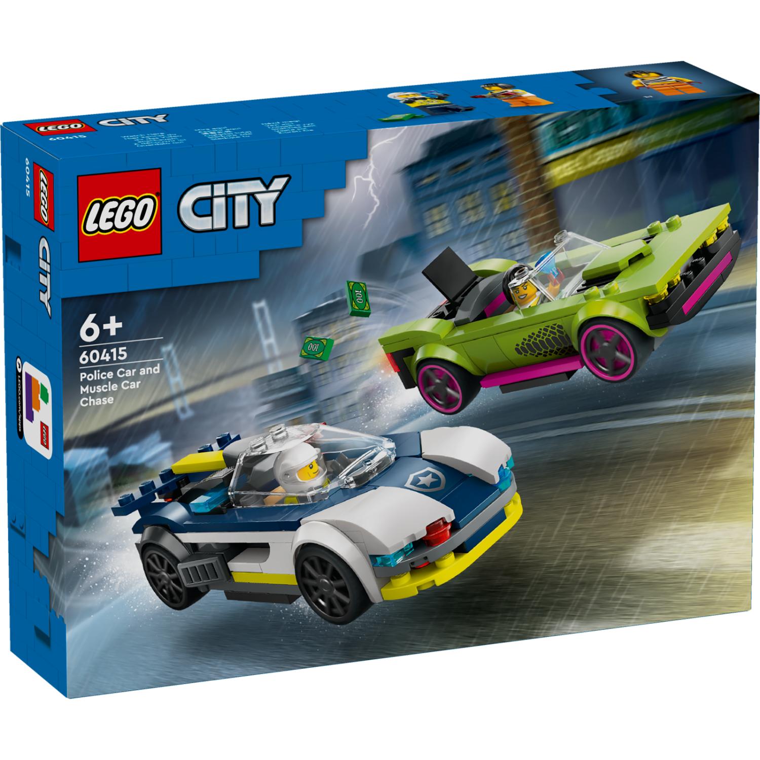 LEGO City -rakennussarjan Poliisiauto ja muskeliauton takaa-ajo pakkaus, jossa näkyy sininen poliisiauto jahtaamassa vihreää muskeliautoa.