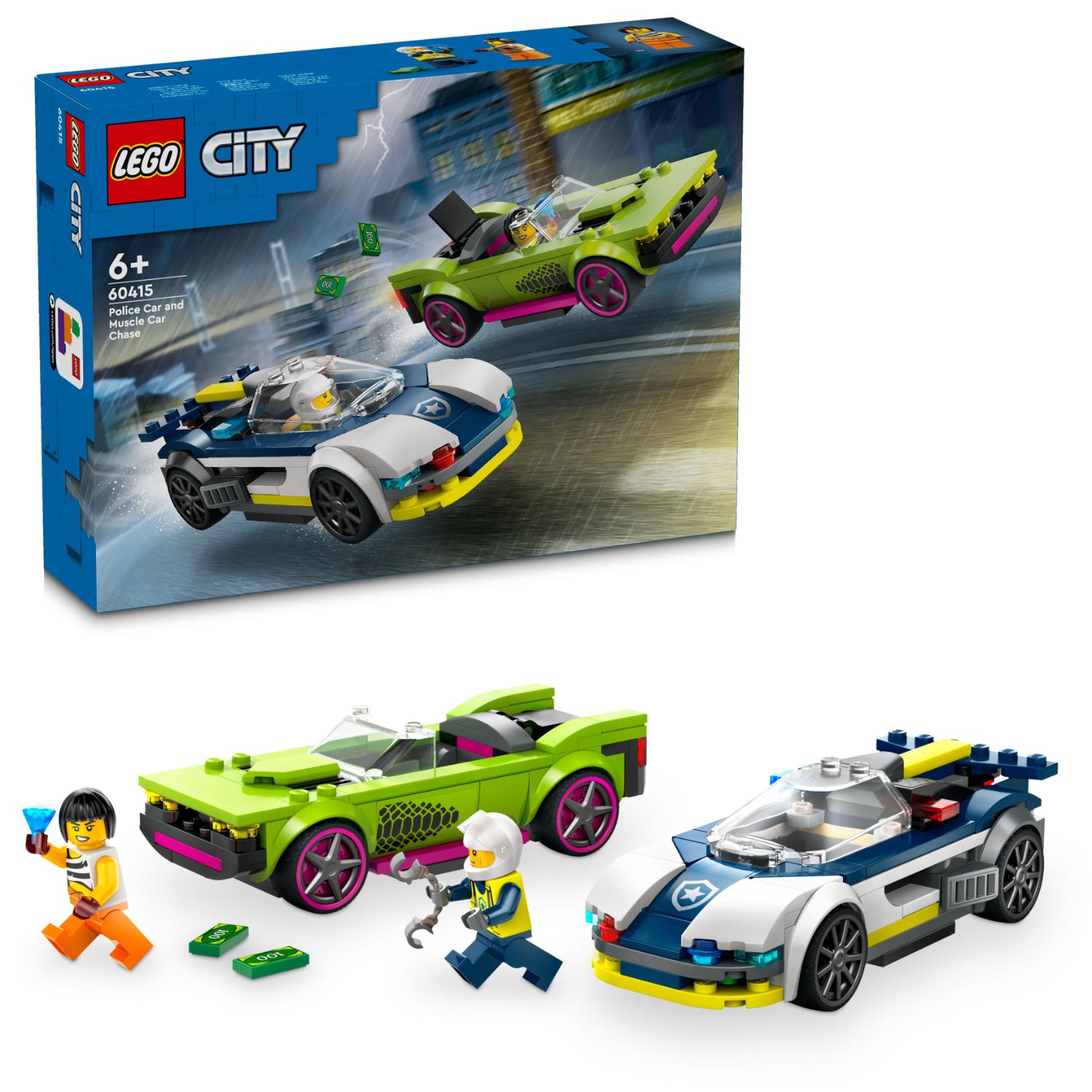 LEGO City -poliisiauto ja muskeliautojen takaa-ajo -rakennussarjan pakkaus sekä kootut lelut, joissa on kaksi minihahmoa.