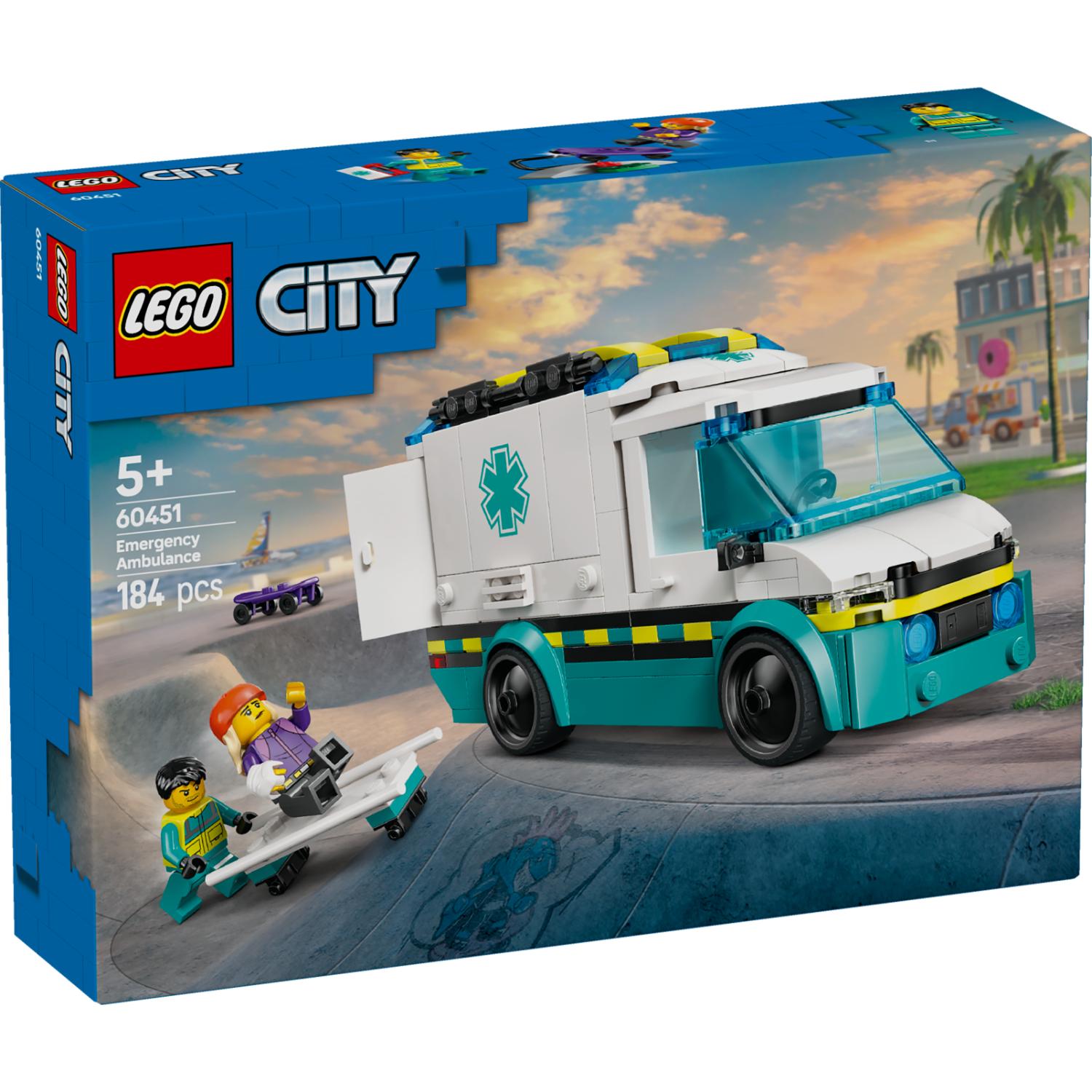 LEGO City Emergency Ambulance -sarjan pakkaus, jossa on lelupelastusauto, kaksi minihahmoa ja paarit.