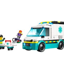 Lego-ambulanssileikkisetti, jossa on kaksi hahmoa, paarit ja pieni luiska.