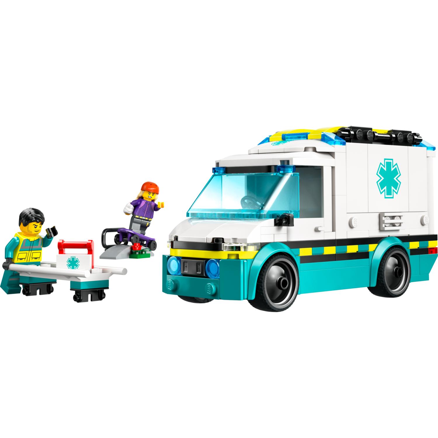 Lego-ambulanssileikkisetti, jossa on kaksi hahmoa, paarit ja pieni luiska.