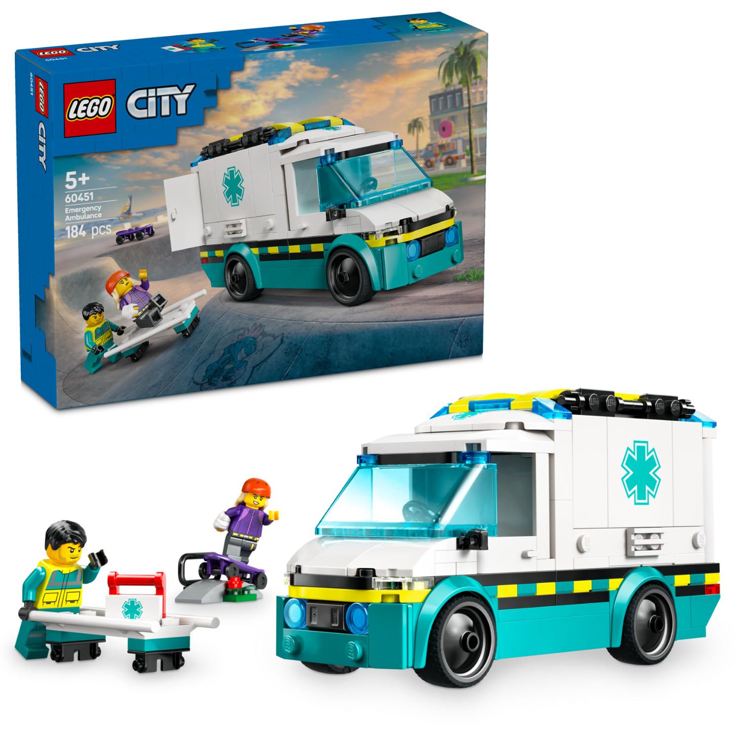 LEGO City -sarjan ensiapuambulanssisetti 60451, jossa on ambulanssi, kaksi minihahmoa ja potilaspaarit.