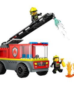LEGO-palokärry, jossa on ulosvedettävä tikkaat ja joka ruiskuttaa vettä; mukana kaksi palomies-minihahmoa ja kaksi pientä liekkielementtiä.