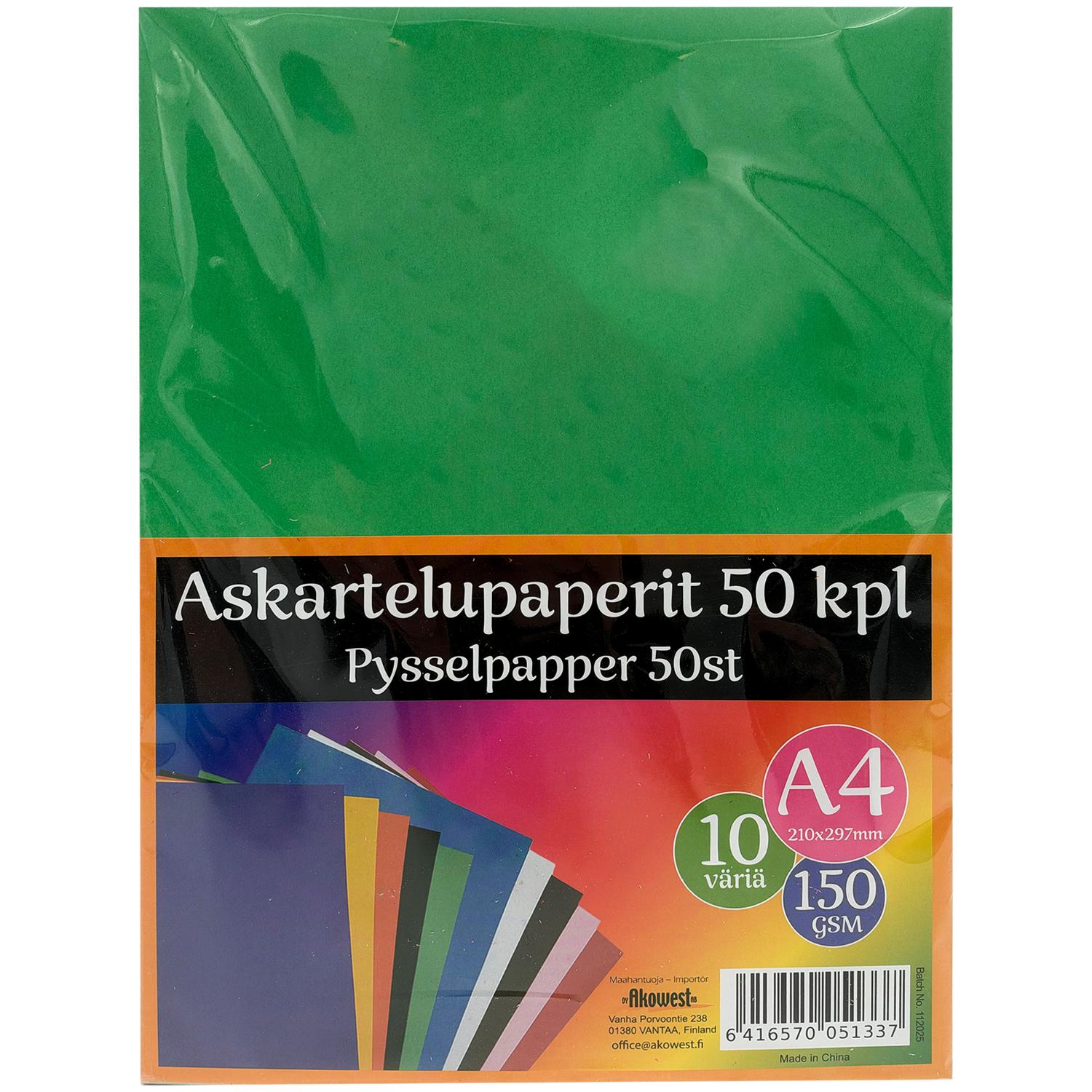 50 kappaleen pakkaus A4-kokoisia värillisiä askartelupapereita, 10 eri väriä, jotka sopivat yhteen Askarteluhuopa 10 kpl/10 väriä -tuotteen kanssa.