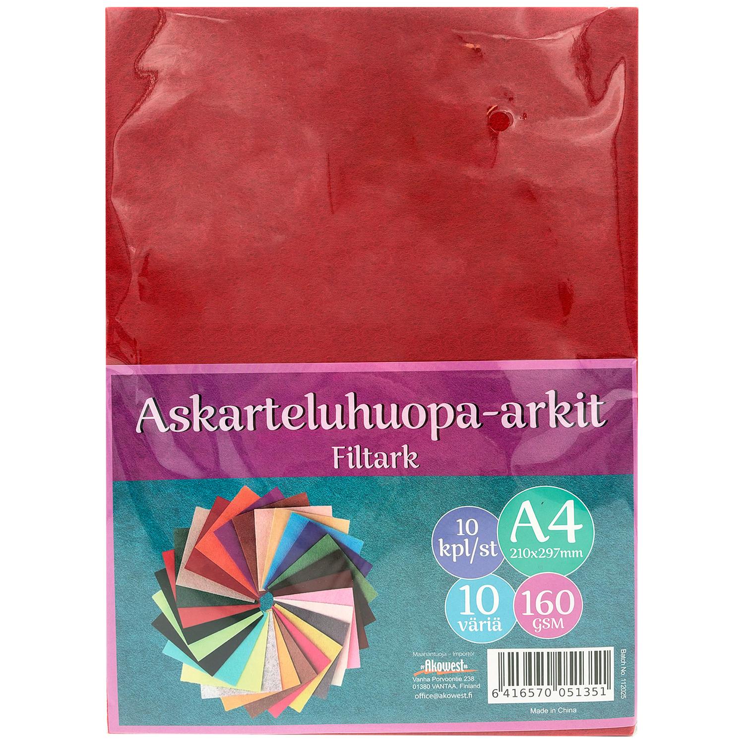 10 kpl:n pakkaus A4-kokoista Askarteluhuopa-huopaa (10 kpl/10 väriä), jotka on esillä pakkauksessa pyöreässä tuulettimen muotoisessa järjestyksessä.