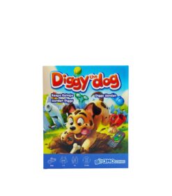 ”Diggy the Dog” -nimisen pelipakkauksen kannessa on piirroshahmo, joka kaivaa maata luiden ja värikkäiden esineiden ympäröimänä. Pakkauksessa on leikkisä ja kirkas kuvitus, ja alareunassa on kuvakkeet, jotka ilmaisevat ikäsuosituksen, pelaajamäärän ja peliajan.
