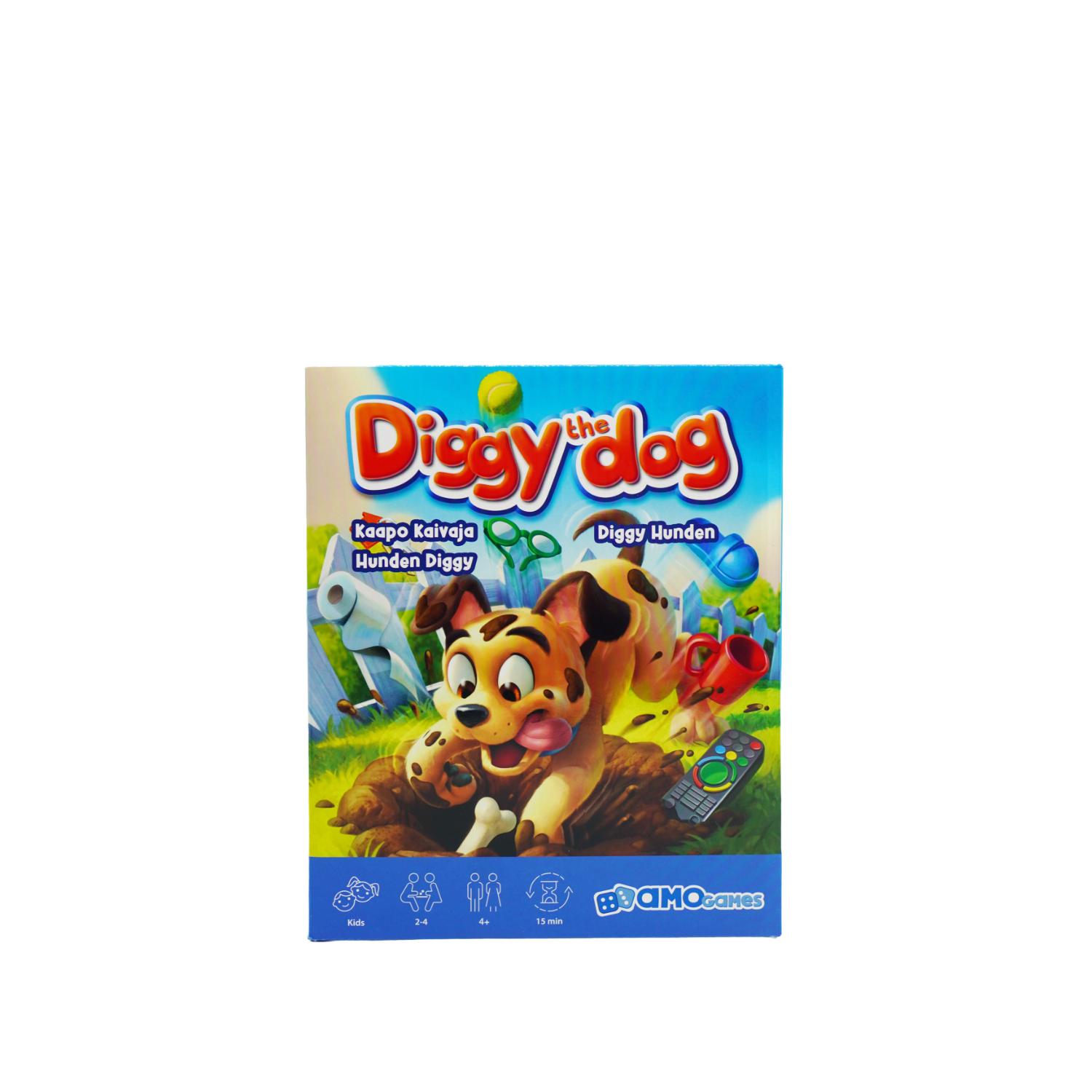 ”Diggy the Dog” -nimisen pelipakkauksen kannessa on piirroshahmo, joka kaivaa maata luiden ja värikkäiden esineiden ympäröimänä. Pakkauksessa on leikkisä ja kirkas kuvitus, ja alareunassa on kuvakkeet, jotka ilmaisevat ikäsuosituksen, pelaajamäärän ja peliajan.