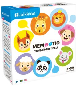 Värikäs lautapelilaatikko, jossa on sarjakuvamaisia eläinhahmoja, jotka ilmentävät erilaisia tunteita. Pelin nimi on MEMOTIO TUNNEMUISTIPELI. Laatikossa on Suomen, Ruotsin ja Englannin liput, ja peli on tarkoitettu 3–99-vuotiaille.