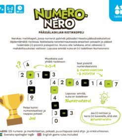 Suomeksi kirjoitettu, kuvitettu matematiikkapulmapelin ohje, jossa kerrotaan, miten matematiikkataulukko täytetään, pisteitä kerätään ja pokaali voitetaan. Ohjeessa on värikkäitä kuvia ja leikkisiä kuvakkeita.