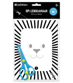 Opi leikkaamaan -leikkaussetti 3+: Lasten sakset ja suomalainen tehtäväkirjasetti, jossa on mustaraidallinen reunus ja sarjakuvamainen eläimen kasvot; tarkoitettu paperin leikkaamisen opetteluun; sopii 3-vuotiaille ja sitä vanhemmille.