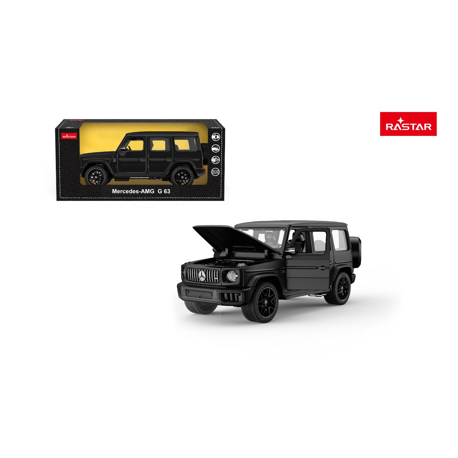 Kuvassa näkyy musta Mercedes-AMG G 63 -leluauto, jonka konepelti on auki, pakkauksensa ulkopuolella. Pakkauksessa on Rastar-logo ja kuva lelusta.