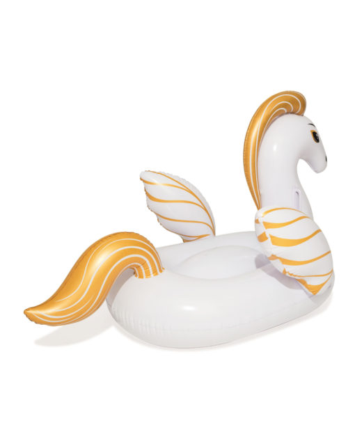 Uimapatja Pegasus on puhallettava uima-altaan kelluke, joka on valkoisen ja kultaisen pegasuksen muotoinen, ja siinä on kultaiset siivet, harja ja häntä, ja se sopii täydellisesti rentoutumiseen vedessä.