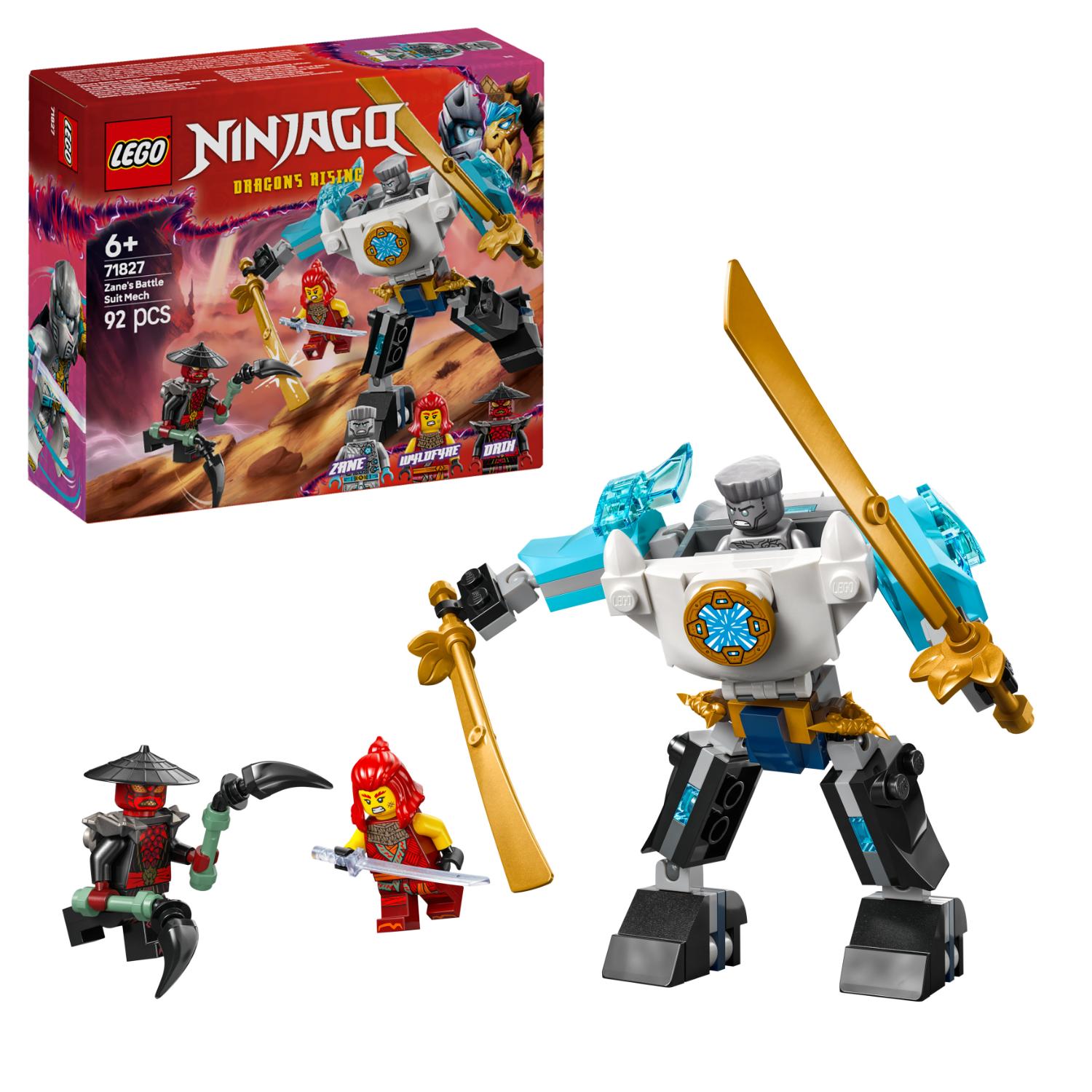 LEGO Ninjago Zanen taistelupuku-mech-rakennussarja, joka sisältää koottavan mech-hahmon, Zane- ja Wildfire-minihahmot sekä tuotteen pakkauksen.