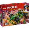 LEGO Ninjago Lloydin vetokäyttöinen kilpa-auto -rakennussarjan pakkaus, jossa on vihreä ja kultainen kilpa-auto, Lloyd-minihahmo sekä punainen lohikäärmeen naamion pukeutunut soturi.