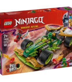 LEGO Ninjago Lloydin vetokäyttöinen kilpa-auto -rakennussarjan pakkaus, jossa on vihreä ja kultainen kilpa-auto, Lloyd-minihahmo sekä punainen lohikäärmeen naamion pukeutunut soturi.