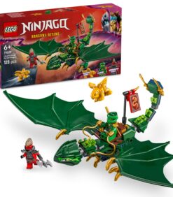 LEGO Ninjago Lloydin vihreän metsän lohikäärme -sarja, jossa on vihreä lohikäärme, Lloyd-minihahmo, roistohahmo ja pieni lohikäärmeolento.