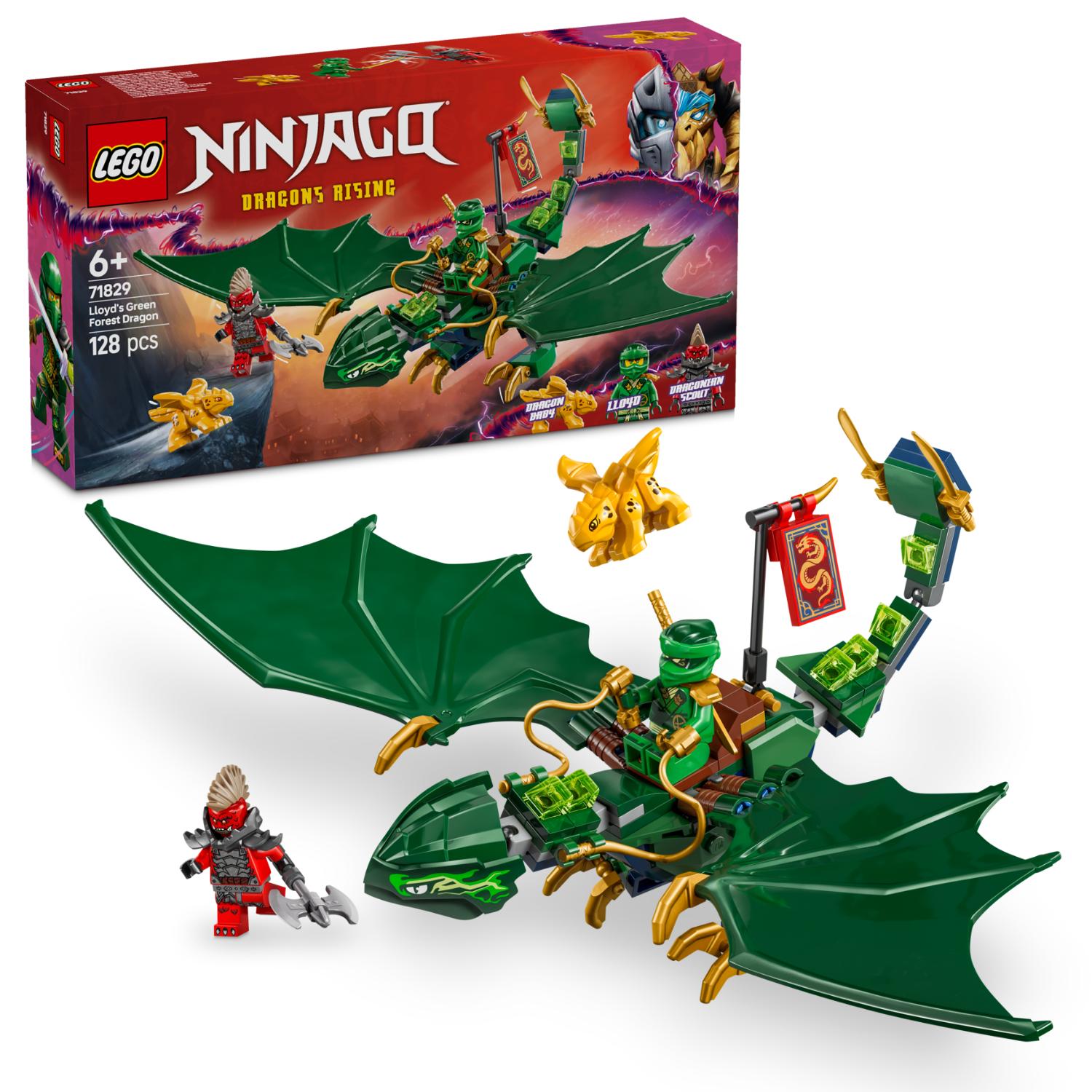LEGO Ninjago Lloydin vihreän metsän lohikäärme -sarja, jossa on vihreä lohikäärme, Lloyd-minihahmo, roistohahmo ja pieni lohikäärmeolento.