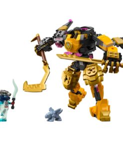 Suuri musta-kultainen LEGO-mecha, joka pitelee kädessään viikatetta ja miekkaa ja seisoo pienen sinivalkoisen jäähenki-minihahmon sekä harmaan lohikäärmehahmon vieressä.