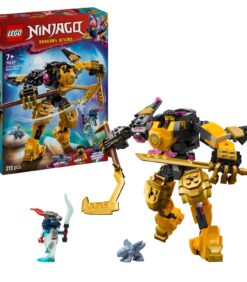 LEGO Ninjago Arins Spinjitzu Battle Mech -rakennussarja, jossa on koottava keltainen ja musta mecha, kaksi minihahmoa ja pieni lohikäärmehahmo.