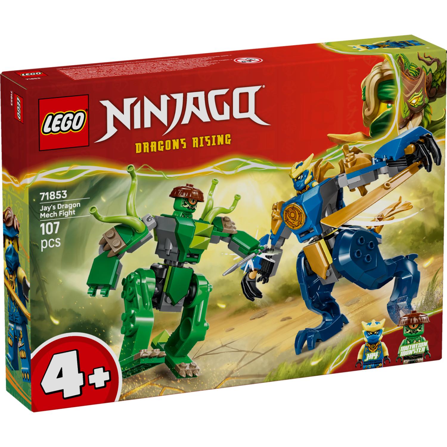 LEGO Ninjago Jays Dragon Mech Fight -rakennussarjan pakkaus, jossa on vihreä ja sininen mech-robottitaistelu.