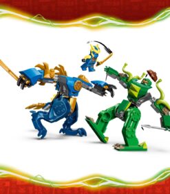 LEGO Ninjago -sarja, jossa on sininen lohikäärme-mecha, vihreä käärme-mecha sekä kultainen ninja-minihahmo, joka heiluttaa miekkoja.