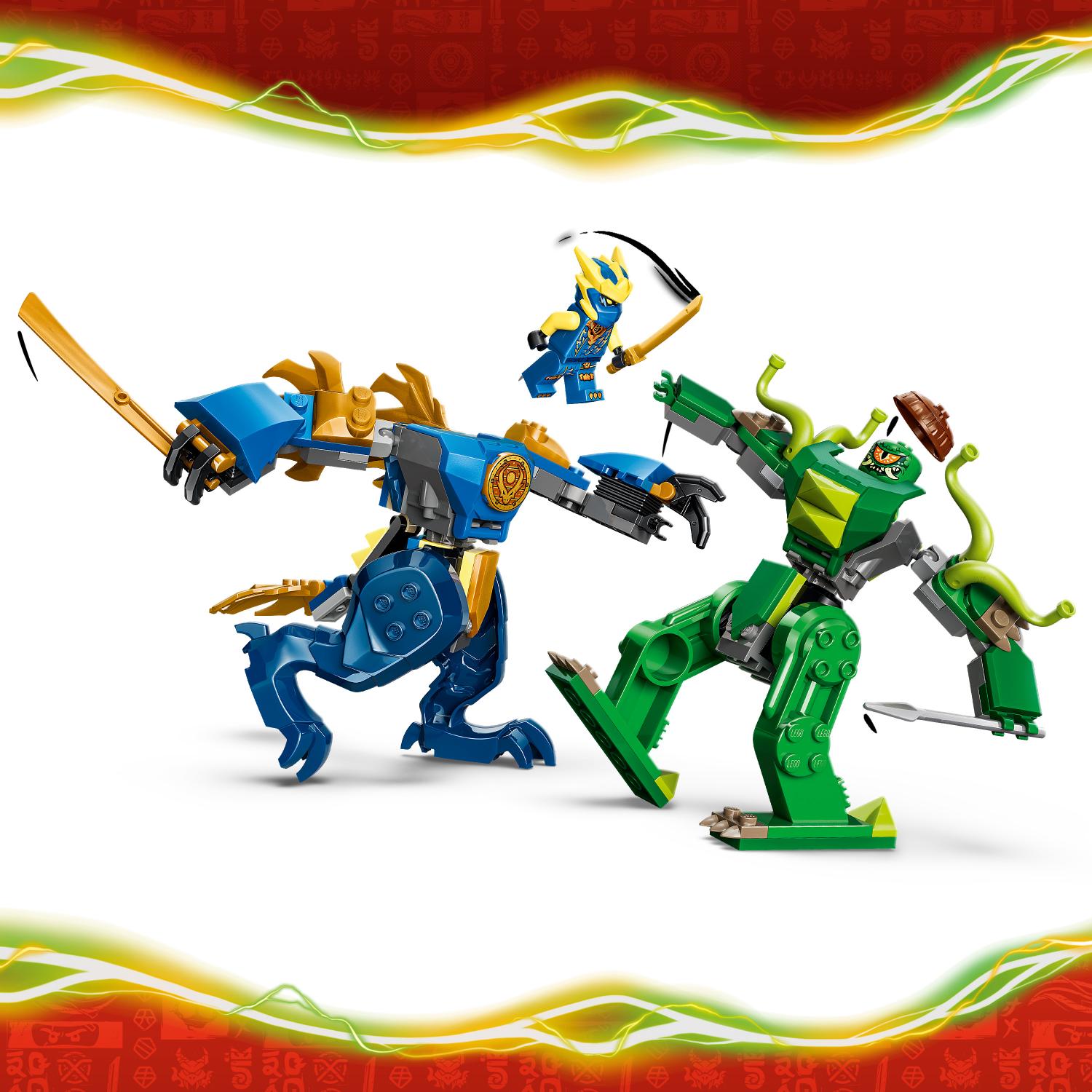 LEGO Ninjago -sarja, jossa on sininen lohikäärme-mecha, vihreä käärme-mecha sekä kultainen ninja-minihahmo, joka heiluttaa miekkoja.