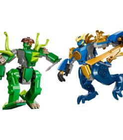 Kaksi Lego Ninjago -mecha-toimintahahmoa, joista toinen on vihreä ja siinä on lonkeroita ja toinen sininen ja kultainen, on asetettu taisteluasentoon.