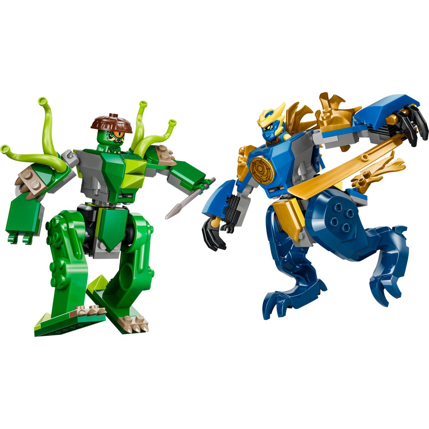 Kaksi Lego Ninjago -mecha-toimintahahmoa, joista toinen on vihreä ja siinä on lonkeroita ja toinen sininen ja kultainen, on asetettu taisteluasentoon.