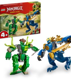 LEGO Ninjago Jays Dragon Mech Fight -rakennussarja, jossa on vihreä mecha ja sininen lohikäärme-mecha sekä niihin kuuluvat minihahmot.